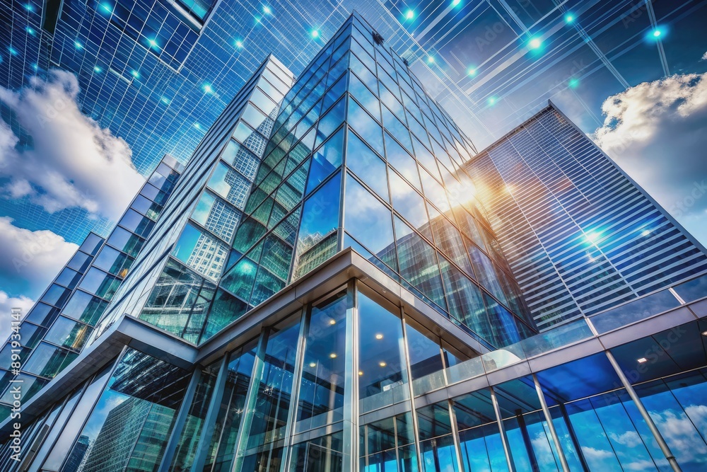 Naklejka premium Modern sleek reflective glass facade of a high-rise business office building with futuristic generative AI-inspired architectural elements against a bright blue sky.