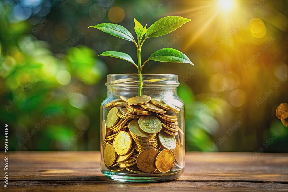 A small green sprout emerges from a transparent jar filled with shiny gold coins, symbolizing growth of wealth and smart investment strategies. A small green sprout emerges from a transparent jar filled with shiny gold coins, symbolizing growth of wealth and smart investment strategies.