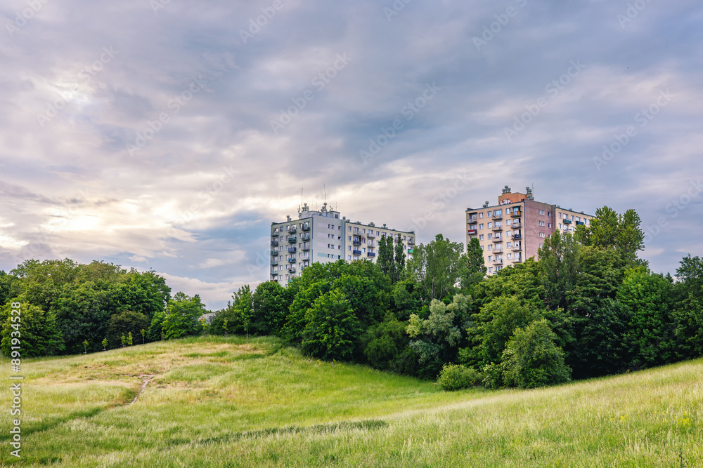 City park with rolling lawn, bushes and trees against the backdrop of multi-story buildings. City park with rolling lawn, bushes and trees against the backdrop of multi-story buildings.