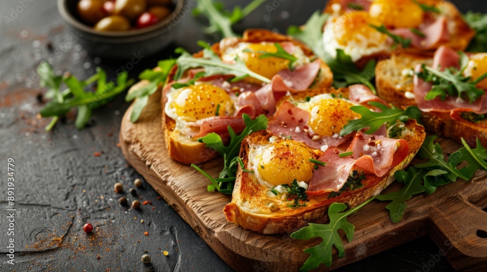 simple breakfast toasts with ham, cheese, and arugula on a wooden board, a delicious morning meal idea with room for writing simple breakfast toasts with ham, cheese, and arugula on a wooden board, a delicious morning meal idea with room for writing