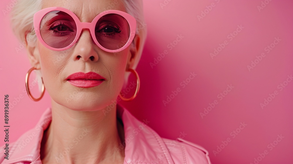 Fashionable senior in a pink leather outfit with bold accessories posing confidently in a high detail studio shot Stock Photo with copy space Fashionable senior in a pink leather outfit with bold accessories posing confidently in a high detail studio shot Stock Photo with copy space