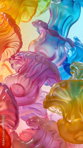 Dynamic and Vibrant Array of Translucent Jelly Blobs in Mid-Air photo