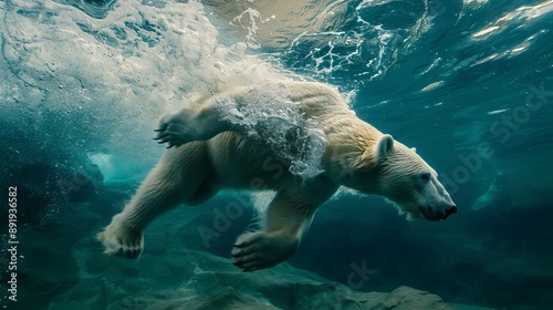 An energetic image capturing a polar bear in full motion underwater, depicting the sense of movement and fluidity as the bear navigates through its aquatic surroundings. photo