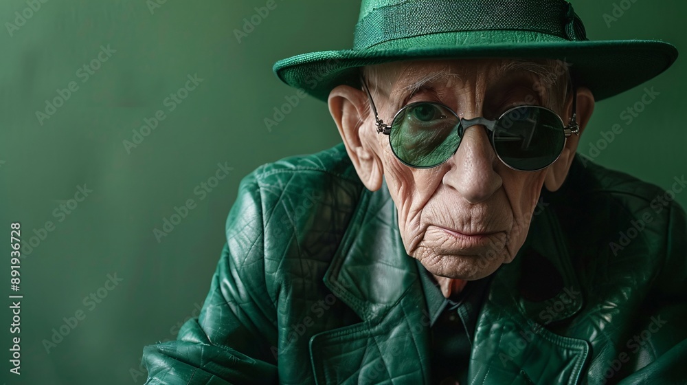 Vibrant elderly individual wearing a green leather suit and bold accessories posing confidently in a high detail shot Stock Photo with copy space Vibrant elderly individual wearing a green leather suit and bold accessories posing confidently in a high detail shot Stock Photo with copy space