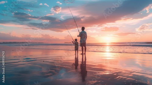 A silhouette of a father and child fishing on a serene beach during sunset, the sky painted in calming hues, symbolizing togetherness and the beauty of simple moments.