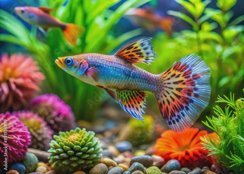 Vibrant guppy fish swim amidst lush green algae and colorful stones, surrounded by coral and underwater plants in a serene aquarium setting.