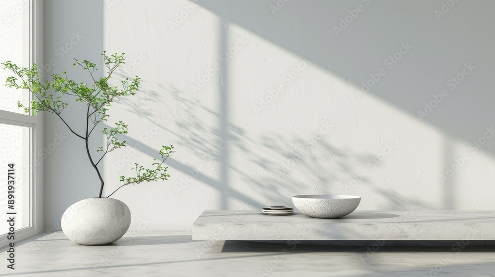Minimalist living room with white rock vase and green branch on table Minimalist living room with white rock vase and green branch on table