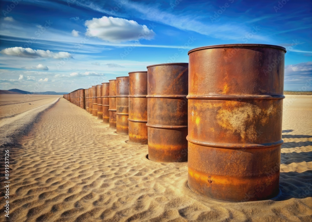 Row of rusty oil drums standing on sandy ground, surrounded by nothing but vast emptiness, symbolizing the backbone of global energy and industrial might.