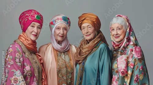 Group portrait of elderly individuals from diverse ethnicities each showcasing a stylish modernized traditional outfit in a studio setting Stock Photo with copy space