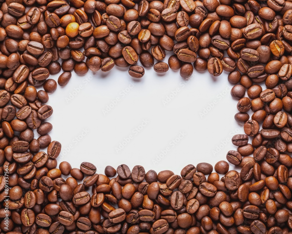 Array of freshly roasted hot brown coffee beans form a border around the edges of a transparent background, creating a warm and inviting visual effect. Array of freshly roasted hot brown coffee beans form a border around the edges of a transparent background, creating a warm and inviting visual effect.