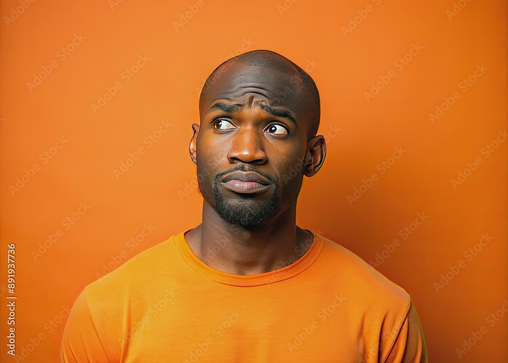 Portrait of a confused puzzled minded African American man in orange top isolated on orange background, with copy space. Portrait of a confused puzzled minded African American man in orange top isolated on orange background, with copy space.
