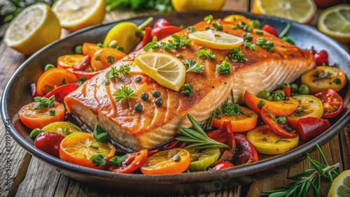 Freshly prepared zesty citrus salmon fillet, glazed to perfection, rests on a vibrant roasted vegetable medley, surrounded by fragrant fresh herbs and lemon wedges.