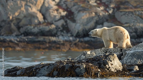 This image captures a lone polar bear standing on a rocky coastline, illuminated by daylight, which highlights its features against the rugged and natural environment.