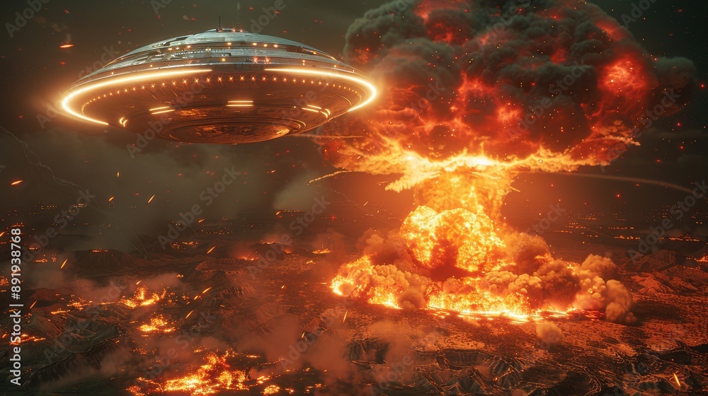 Alien Spaceship Hovering Over Devastating Nuclear Explosion Depicting Apocalyptic Science Fiction Scene With Intense Flames And Destruction
