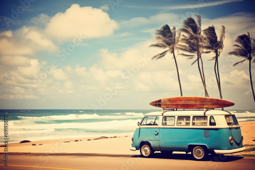 Fototapeta Naklejka Na Ścianę i Meble -  Vintage bus with surfboard at the beach with sea and blue sky on background. Blue camper van for travel.  Surfing time, extreme sport. Summer vacation. Retro backdrop for banner, poster, wallpaper
