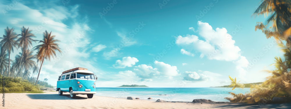 Vintage bus with surfboard at the beach with sea and blue sky on ...