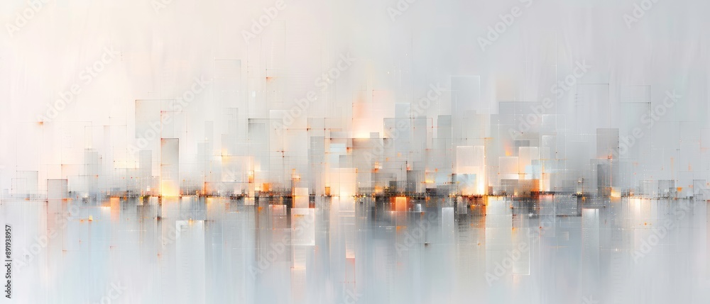 Obraz premium Abstract urban landscape painting with blurred cityscape and warm lights, perfect for office decor and modern interior design inspiration.