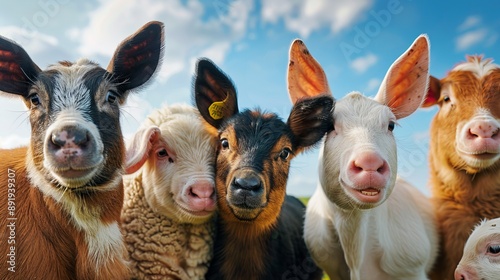 A heartwarming outdoor shot of five farm animals such as goats and sheep gathered closely under a bright sky, showcasing camaraderie and distinct, individual characteristics.