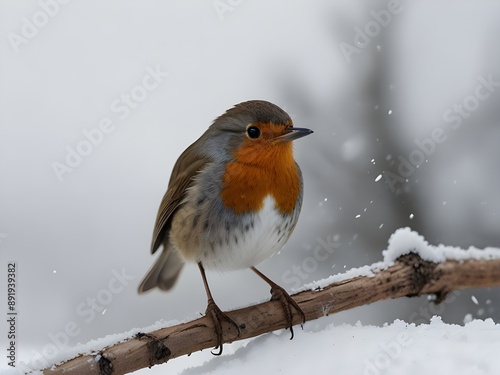 Cute cold robin bird standing on snowy terrain over white backgroundCute cold robin bird standing on snowy terrain over white background Generative AI photo