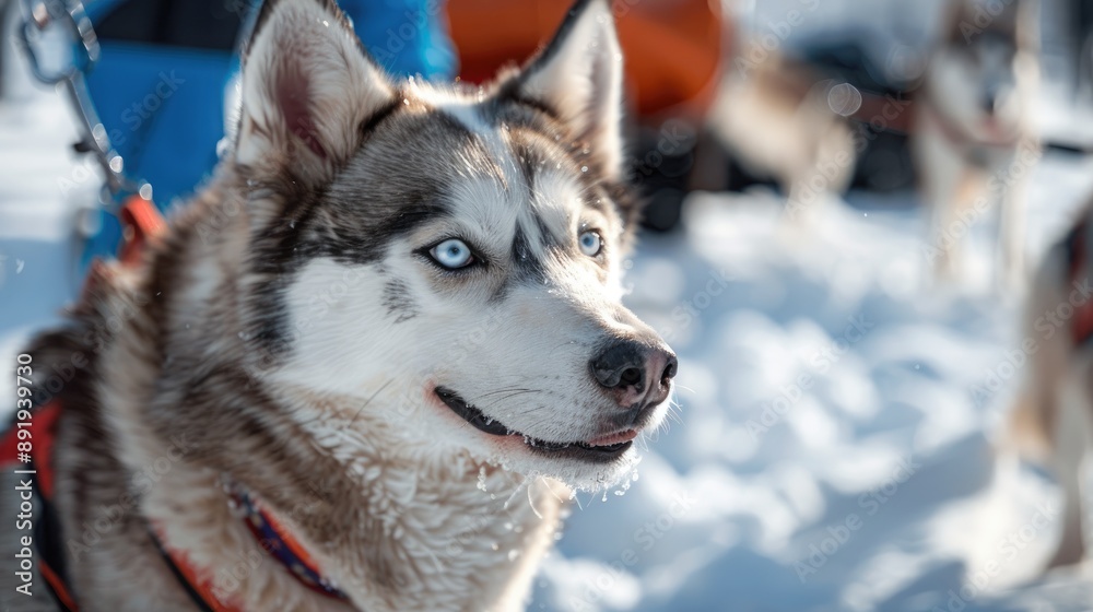 Amusing husky pet in outdoor portrait ahead of sled race Amusing husky pet in outdoor portrait ahead of sled race
