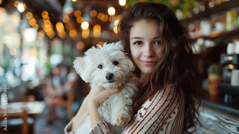 Image displays a woman warmly smiling while holding a small dog at a comfortable and cozy cafe, highlighting a sense of warmth, joy, and companionship. Image displays a woman warmly smiling while holding a small dog at a comfortable and cozy cafe, highlighting a sense of warmth, joy, and companionship.