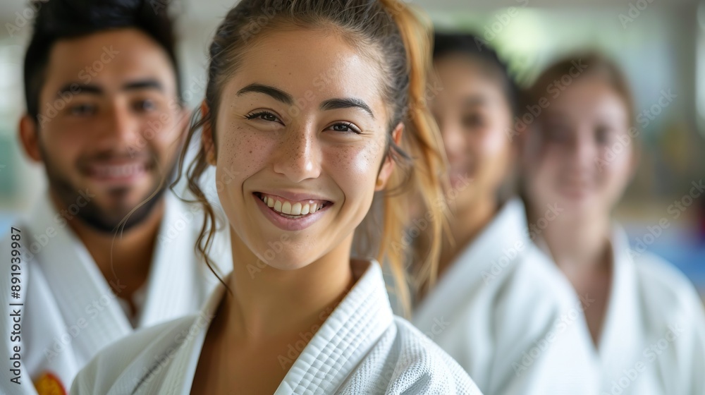 A line of young martial artists in white uniforms pose with big smiles, showcasing their joy and sense of achievement together in a well-lit training hall. A line of young martial artists in white uniforms pose with big smiles, showcasing their joy and sense of achievement together in a well-lit training hall.