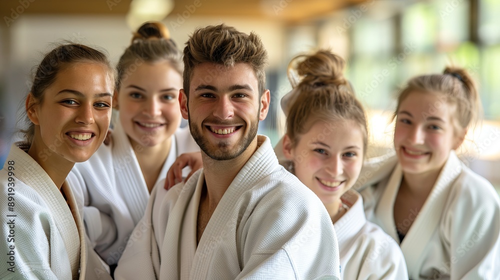 A group of smiling martial artists in white uniforms gather closely together, celebrating their camaraderie and dedication in a bright, cheerful dojo setting. A group of smiling martial artists in white uniforms gather closely together, celebrating their camaraderie and dedication in a bright, cheerful dojo setting.