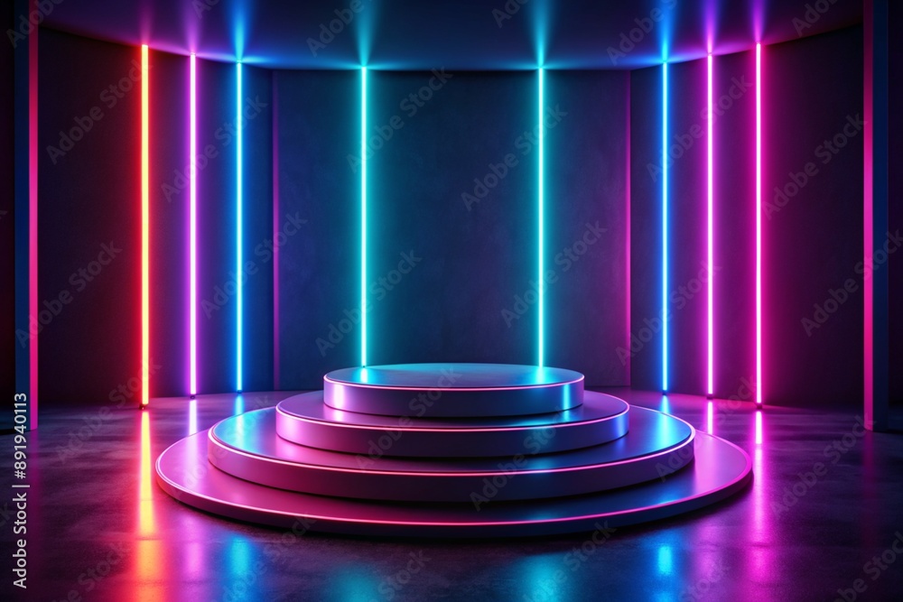 Sleek podium with neon lights background. Futuristic neon light product display podium on abstract background Sleek podium with neon lights background. Futuristic neon light product display podium on abstract background