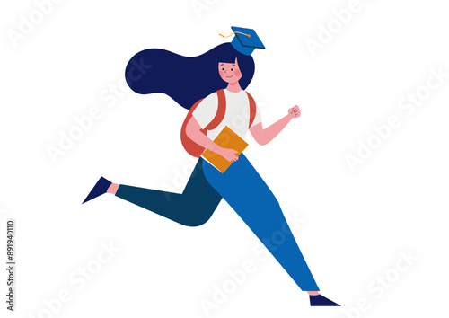 角帽をかぶり走る女学生のイラスト