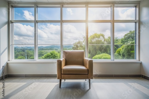 Empty waiting room with a solitary armchair positioned in front of a massive window allowing natural light to pour in and illuminate the space.