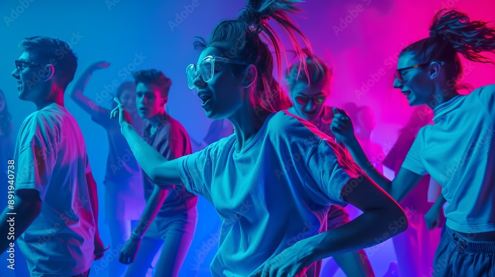 A lively dance party filled with energetic youths having fun, captured with colorful and dynamic lighting that highlights the joyful atmosphere and vibrant spirit of the event. A lively dance party filled with energetic youths having fun, captured with colorful and dynamic lighting that highlights the joyful atmosphere and vibrant spirit of the event.