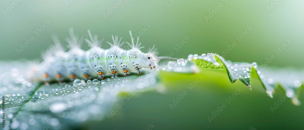 Fototapeta premium Close-up of a caterpillar on a dewy leaf with a soft green background, highlighting textures and details in a natural environment.