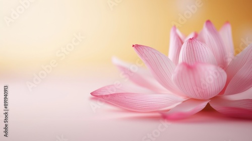 Close-up of a beautiful pink lotus flower on a soft pink and yellow background, capturing the delicate petals and serene beauty.