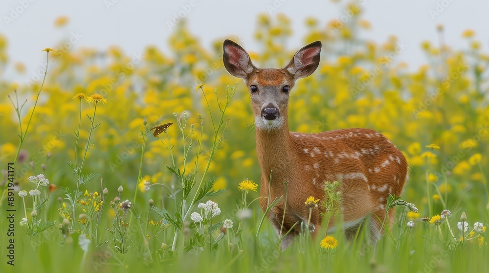 Young deer with spotted coat standing in vibrant wildflower meadow with yellow flowers, blending with nature in springtime Young deer with spotted coat standing in vibrant wildflower meadow with yellow flowers, blending with nature in springtime