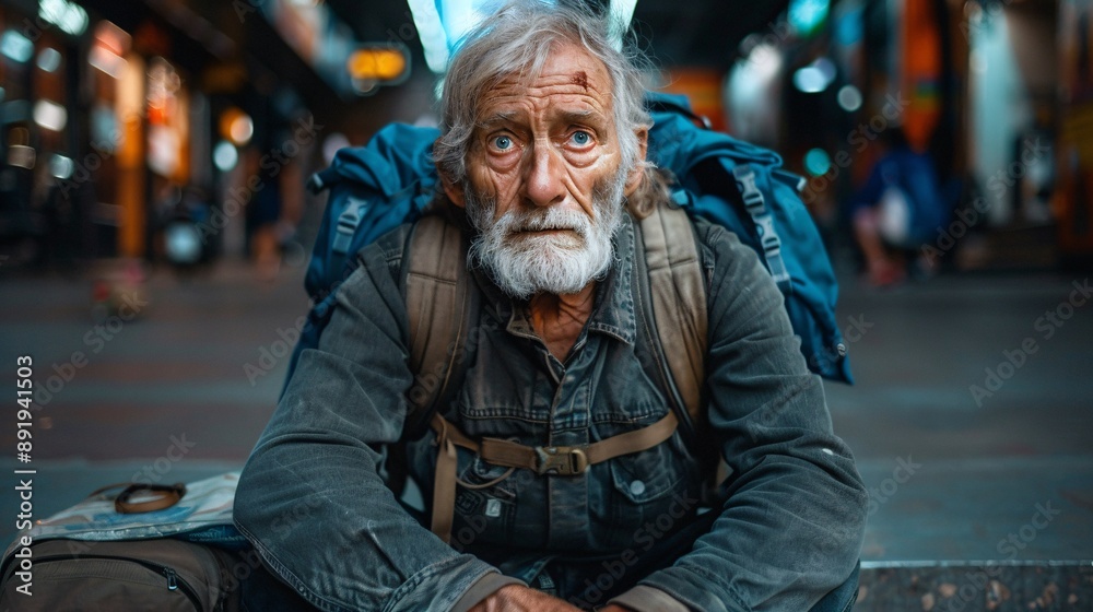 Elderly European individual with tattered clothes sitting on a city sidewalk showing visible signs of starvation and sadness Stock Photo with copy space