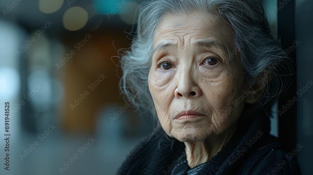 Distressed elderly Asian person with torn garments leaning against a wall in an urban setting tears visible on their face Stock Photo with copy space Distressed elderly Asian person with torn garments leaning against a wall in an urban setting tears visible on their face Stock Photo with copy space