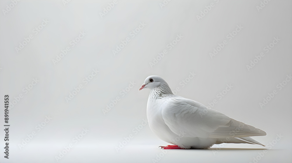 Obraz premium A serene white dove gracefully poses against a seamless white background, ideal for peace, love, and wedding themes. Perfect for greeting cards and inspirational content.