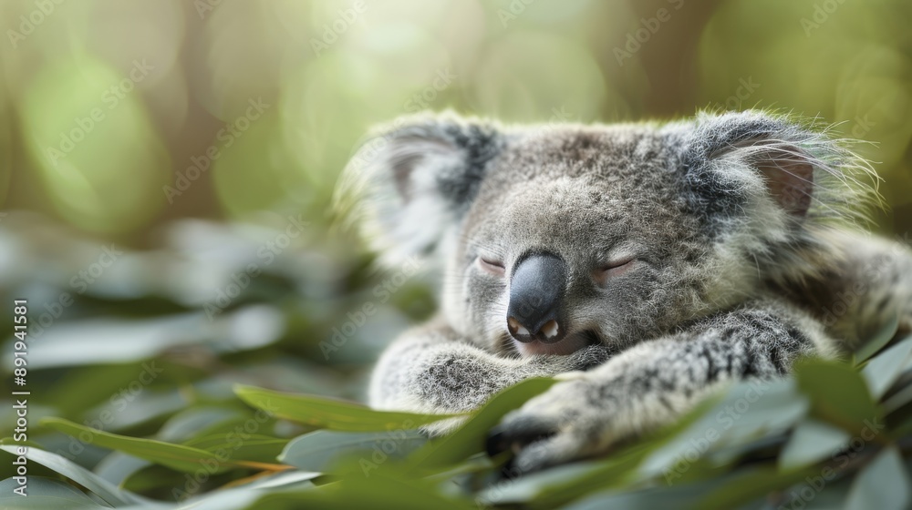 Close-up of a sleeping koala nestled in eucalyptus leaves with a soft, blurred background in a natural setting. Close-up of a sleeping koala nestled in eucalyptus leaves with a soft, blurred background in a natural setting.