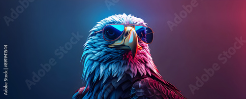 Bold and stylish eagle wearing sunglasses, illuminated by vibrant neon lights. Perfect for advertising campaigns, social media content, and creative projects. Includes copy space.