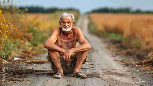 Homeless elderly American individual with no clothes sitting in a rural area looking sad and starving Stock Photo with copy space