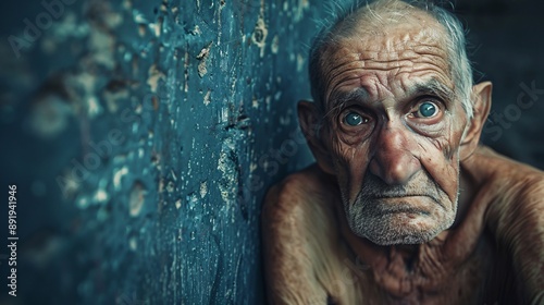 Homeless elderly American individual with no clothes sitting in a rural area looking visibly sad and starving Stock Photo with copy space