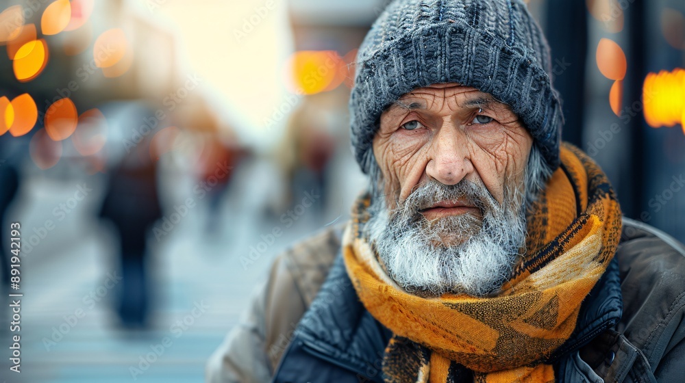 Starving elderly Asian individual with tattered garments sitting on the sidewalk in a bustling city tears visible on their face Stock Photo with copy space Starving elderly Asian individual with tattered garments sitting on the sidewalk in a bustling city tears visible on their face Stock Photo with copy space