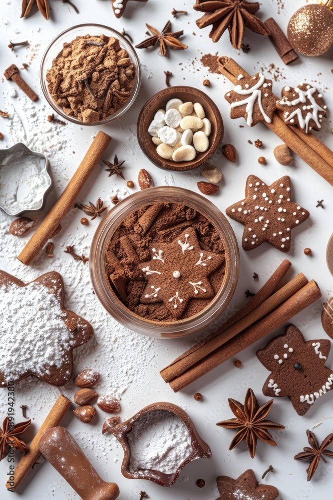 A vibrant flatlay of Christmas baking ingredients including gingerbread cookies, cinnamon sticks, and a jar of hot cocoa mix, cozy and inviting, top-down view. A vibrant flatlay of Christmas baking ingredients including gingerbread cookies, cinnamon sticks, and a jar of hot cocoa mix, cozy and inviting, top-down view.