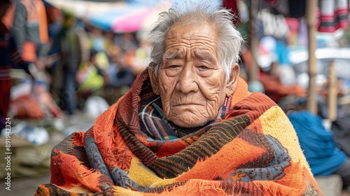 Starving elderly Asian individual with old torn garments sitting on the ground in a crowded city tears visible on their face Stock Photo with copy space