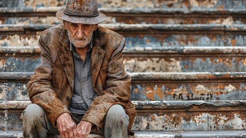 Elderly European person in tattered clothes sitting on the steps of an old building looking distressed and tearful Stock Photo with copy space