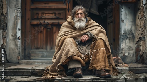 Elderly European person in tattered clothes sitting on the steps of an old building looking distressed and tearful Stock Photo with copy space photo