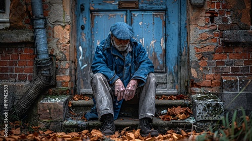 Elderly European person in tattered clothes sitting on the steps of an old building looking distressed and tearful Stock Photo with copy space photo