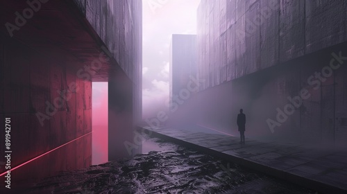 A solitary figure walks along a misty, futuristic cityscape with towering concrete structures and pink neon lighting, imparting a sense of eerie isolation and mystery. photo