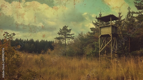 A secluded wooden watchtower in an autumn landscape, situated among tall grasses and trees under a partly cloudy sky, embodying the serene stillness of the season.
