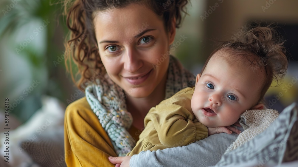 Obraz premium A smiling mother with curly hair holds her baby, who also has curly hair, in a cozy room, capturing a joyful and heartwarming moment that showcases their bonding and happiness.